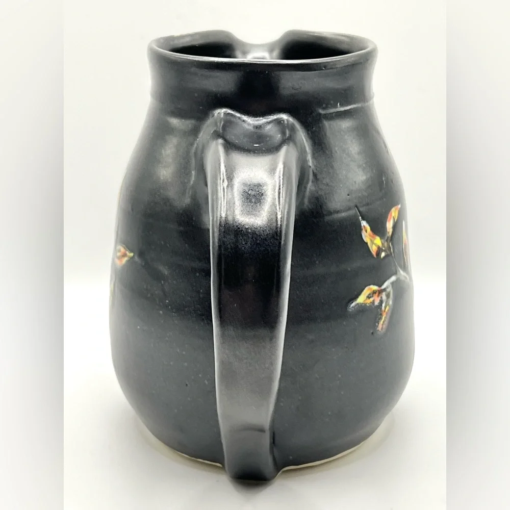 Studio Art Pottery Ceramic Black Pitcher Floral Design Heavy Decorative Vase 5.5